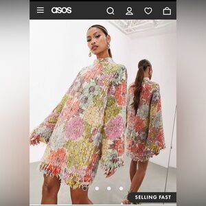 ASOS EDITION bright floral print and sequin high neck mini dress with fringe